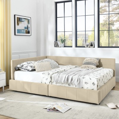 1pc Queen Size Velvet Upholstered Storage Daybed with Drawers, Tufted Backrest & Armrest, No Box Spring Needed - Baofuwish