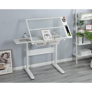 VYNXARIA Hand Crank Adjustable Drafting Table with 2 Metal Drawers & Stool - Versatile Drawing Desk in White - 1 of 4