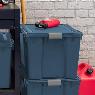 Navy 74 Quart Stackable Plastic Storage Bin with Buckle Lid