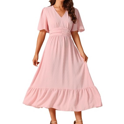 Seta T Women's Boho Ruffle Short Sleeve V Neck Swiss Dots Tiered Midi Dress