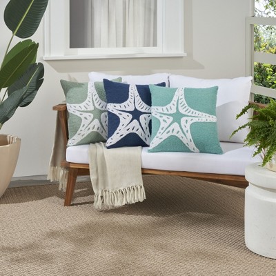 Aqua Embroidered Starfish 18" Square Indoor Outdoor Pillow