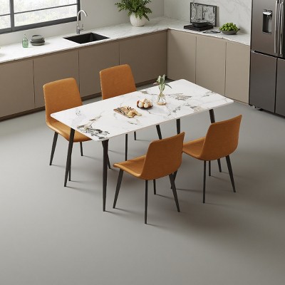 5 PCS Modern Dining Set, Easy to Clean Dining Table with Sintered Stone Top and Metal Legs, Polyester Chairs with Metal Frame-Coolbibila