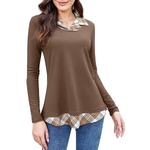 BLUEMING Womens Polo Shirts Color Block Faux Layering Shirts Plaid Shirts Teacher Shirts Everyday Tops - 1 of 4