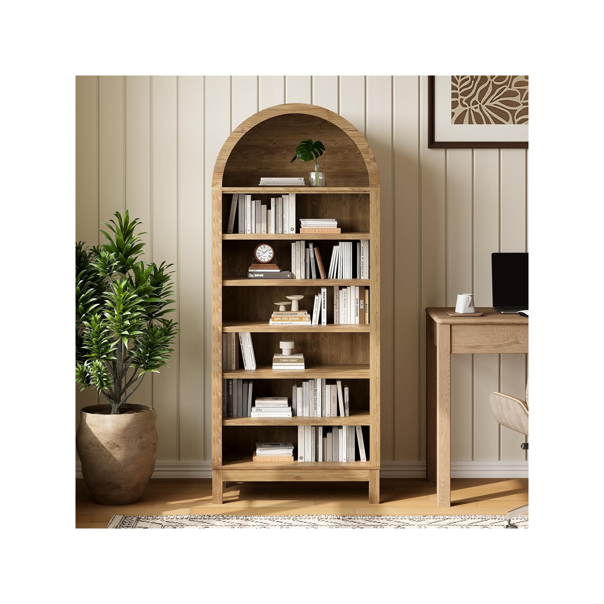 71" Arched Bookshelf,7-Tier Farmhouse Bookcase & Shoe Cabinet, Shoe Rack with Adjustable Shelves,Open Storage for Living Room, Home Office