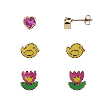 FAO Schwarz Silver Tone and Multi Color Enamel and Stone Heart, Chick and Flower Stud Earring Set