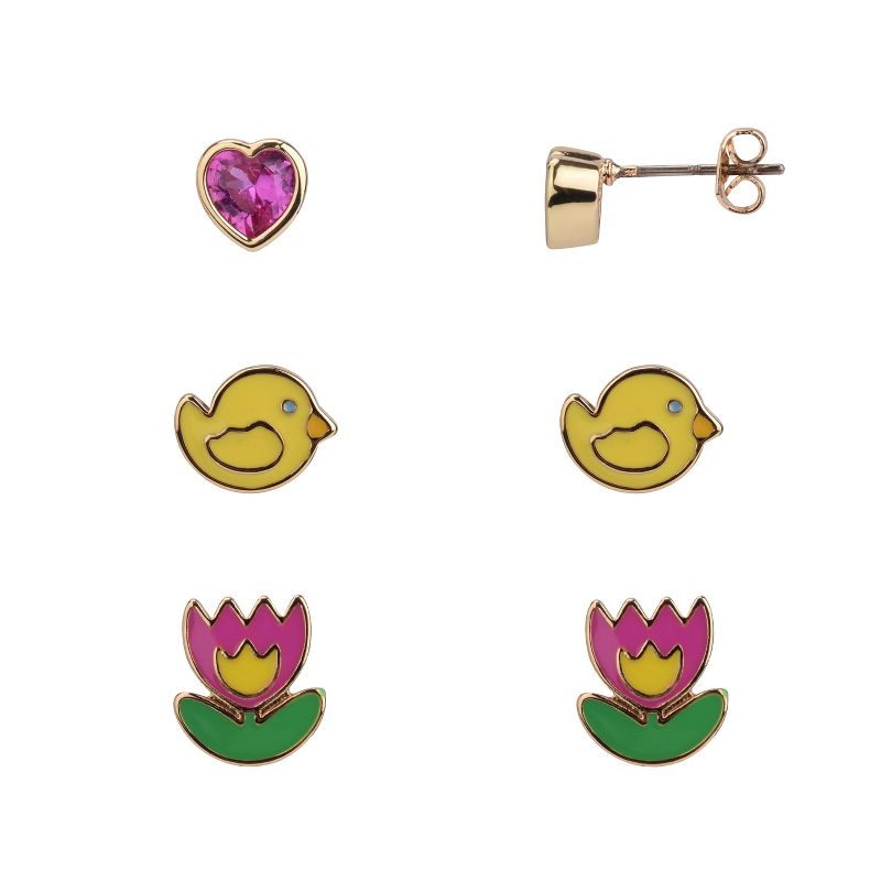 FAO Schwarz Silver Tone and Multi Color Enamel and Stone Heart, Chick and Flower Stud Earring Set, 1 of 4