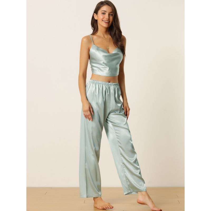 cheibear Womens Satin Pajamas Cowl Neck Sleeveless Crop Cami Sleepwear with Pants Sliky Lounge Set, 3 of 6