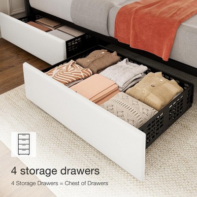 White Faux Leather Queen Bed Frame with Storage Drawers and Adjustable Headboard