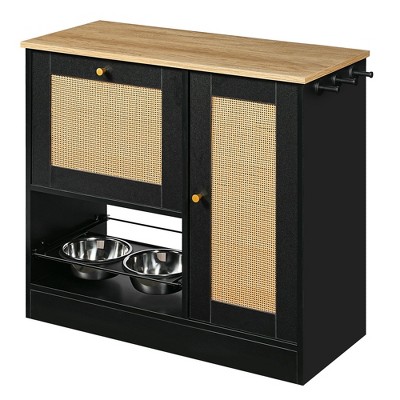 Lirago Black Vintage Cat Feeding Station 33.1x14.6x29.5"-2 Bowls with Rattan Door and Storage