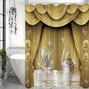 Paaaawaters 1pcs Golden Floral Swan Printed Shower Curtain Set, Waterproof Bathroom Partition Curtain With Hooks - 1 of 4
