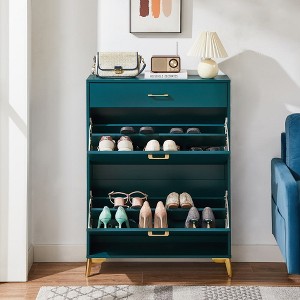 32"Shoe Storage Cabinet for Entryway, Free Standing Shoe Organizer with 2 Flip Drawers,White - 1 of 4