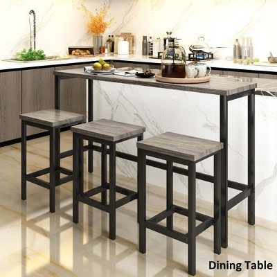 4 Pcs Dining Bar Table With Side Table, 3 Stools, Footrest Height Long Dining Table Set for Dining Room Multifunctional Counter Height Dining Table