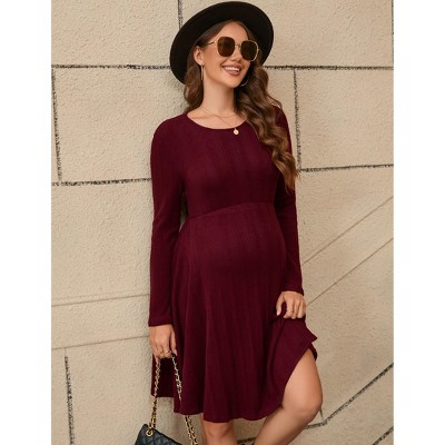 Maternity Sweater Dress Round Neck Long Sleeve Ribbed Knit Midi Dress Baby Shower Photoshoot Wine Red S