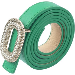 INSPIRE CHIC Women's Faux Leather Thin Belt Ladies Belt with Pearl Rhinestone Buckle for Jeans Pants - 1 of 4