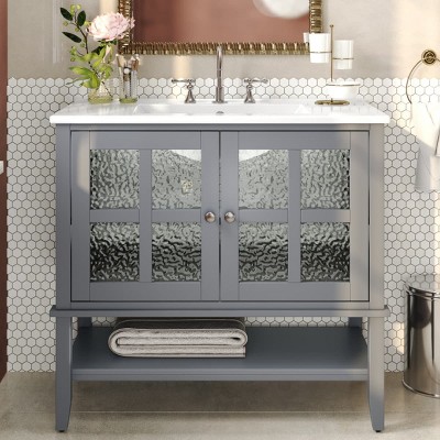 36" Bathroom Floor Cabinet with Ceramic Sink, Textured Glass Doors, Adjustable Interior Shelf and Open Bottom Storage-Maison Boucle