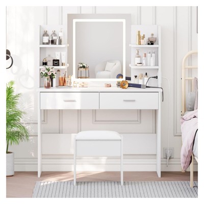 Makeup Vanity Set with Tri-Mode LED Lighted Mirror, 6 Storage Shelves, 2 Large Drawers
