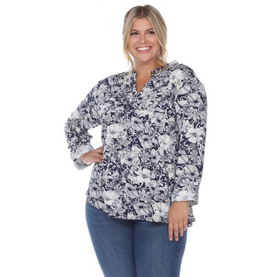 Womens Plus Pleated Long Sleeve Floral Print Blouse Blue 4x - White Mark :  Target