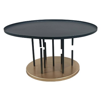 The Urban Port 31" Coffee Table Round Matte Black Tray Top Modern Rod Supports with Brass Base Black/Brass