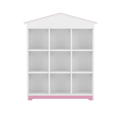 Vynxaria House-Shaped Storage Rack: 3-Layer Bookshelf with Nine Compartments in Colorblock Design for Kids' Rooms,White+Pink