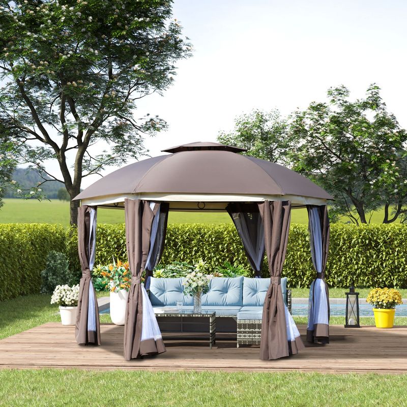 Outsunny 12' x 12' Round Outdoor Gazebo, Patio Dome Gazebo Canopy Shelter with Double Roof, Netting Sidewalls and Curtains, Zippered Doors, Strong Steel Frame, 3 of 9