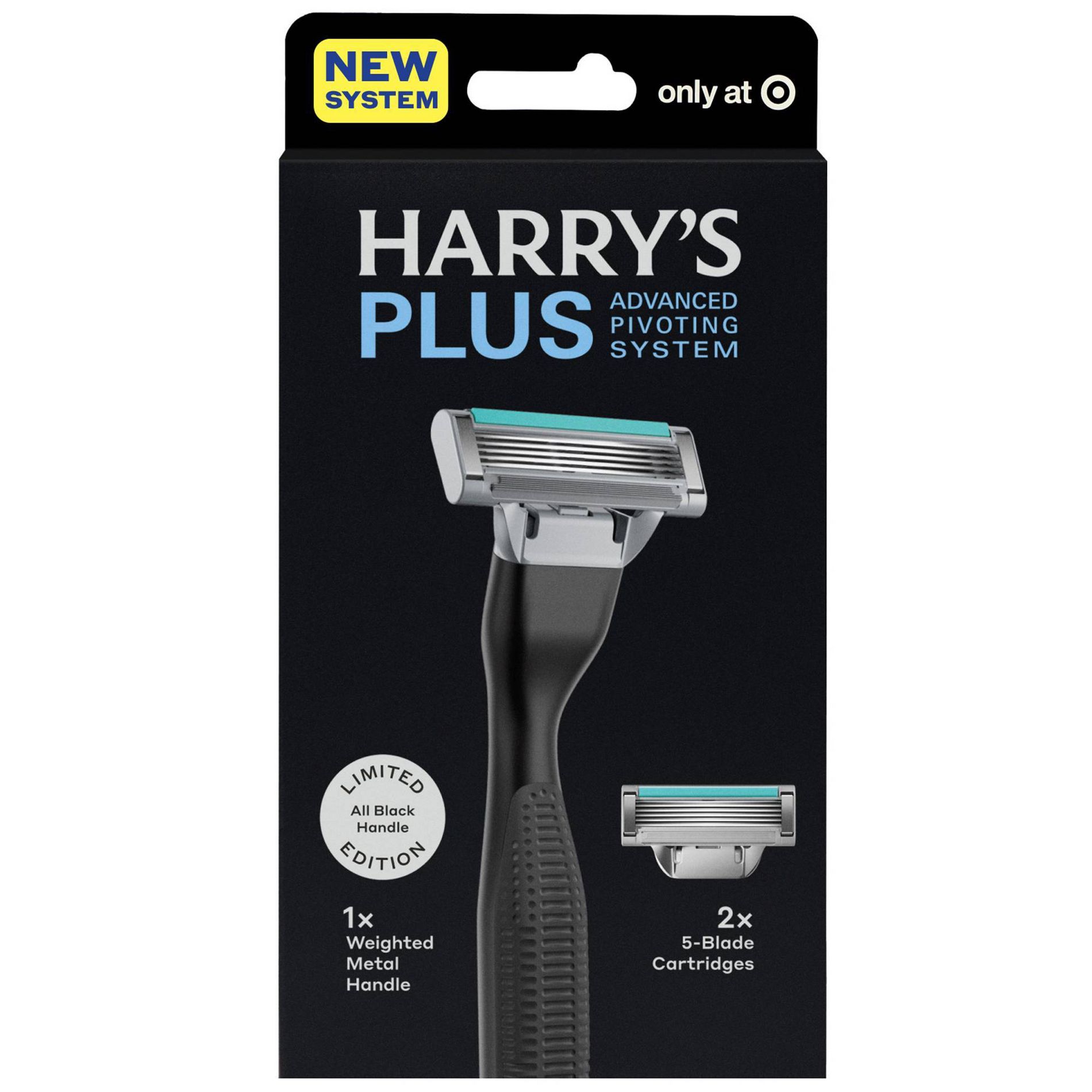 Harry's Plus Men's Razor Handle with 2 Razor Blade Cartridges - All Black