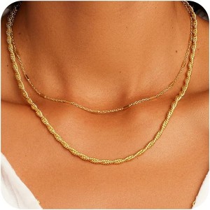 Layered Gold Necklace for Women - 18K Gold Plated Herringbone & Rope Chain, Dainty Waterproof Jewelry - 1 of 4