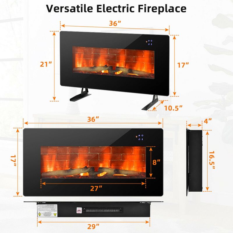 Costway 36'' Electric Fireplace Wall Mounted & Freestanding Heater Remote Control 1500W, 3 of 11