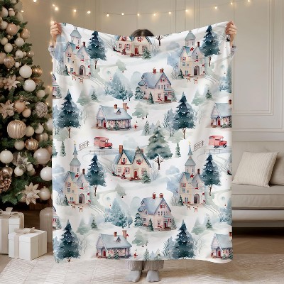 Christmas Village Flannel Blanket,Nostalgic Snowy Winter Trees Christmas Gift.