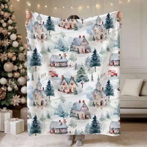 Christmas Village Flannel Blanket,Nostalgic Snowy Winter Trees Christmas Gift. - 1 of 3