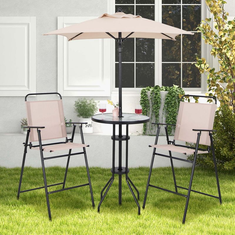Costway 4PCS Patio Bistro Set Folding Counter Height Chairs Round Bar Table& Umbrella, 5 of 11