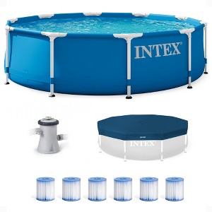INTEX Pool Metal Frame 10'x30" Round Outdoor Swimming Pool Set with 330 GPH Filter Pump, Pool Cover, and Type H Filter Cartridge Replacements (6 pack) - 1 of 4