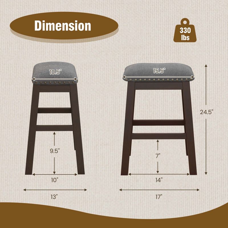 Costway Set of 2 Upholstered Saddle Bar Stools 24.5'' Dining Chairs with Wooden Legs Gray, 3 of 11