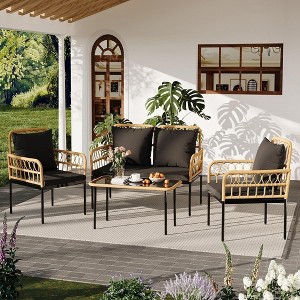 GustoWave 4 Piece Outdoor Patio Conversation Set With Coffee Table & Thick Cushions For Small Balcony Garden Yard - 1 of 4