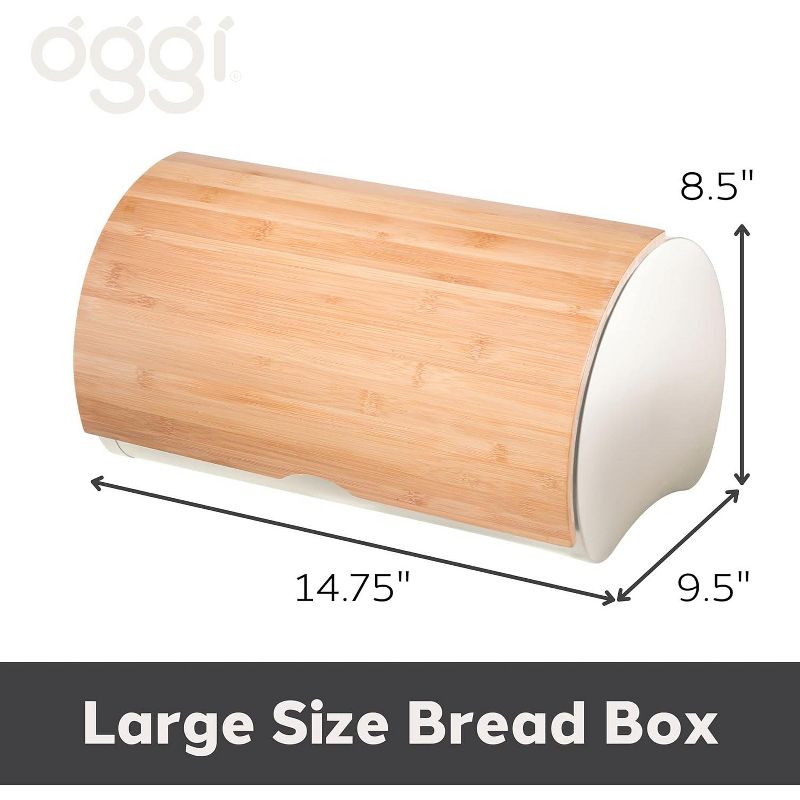 Oggi Stainless Steel Hinged Top Bread Box for Kitchen Countertop with Bamboo Lid, Warm Gray, 3 of 8
