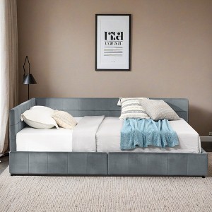 Mid-Century Full Size Storage Upholstered Tufted Bed Frame, Sofa Bed Frame with Comfortable Backrest and Armrests- Leovsnove - 1 of 4