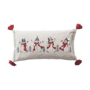 Storied Home Linen Printed Lumbar Pillow with Embroidered Snowmen and Birds Image, Pompoms and Tassels, Multicolor - 1 of 2