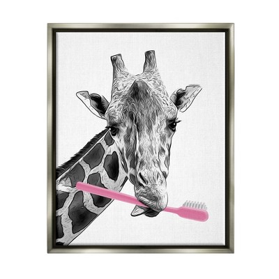 Stupell Industries Funny Animal Bathroom Toothbrush Framed Floater Canvas Wall Art