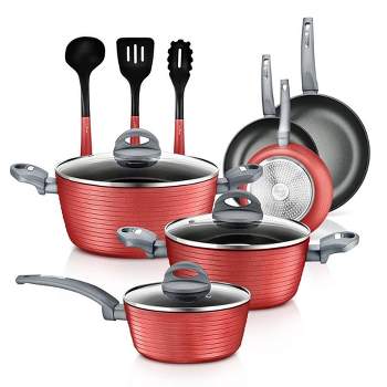 NutriChef Ridge Line Nonstick Kitchen Pots and Pans, 12 Piece Set, Red