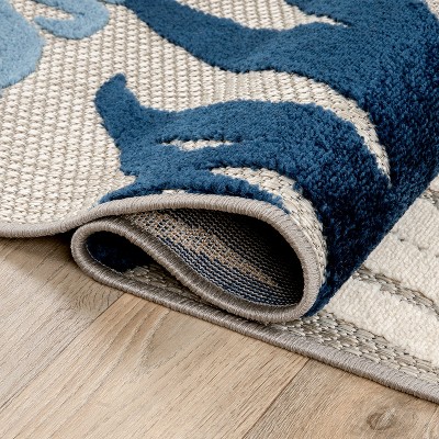 Navy and White Floral Synthetic Indoor/Outdoor Rug 5' x 7'