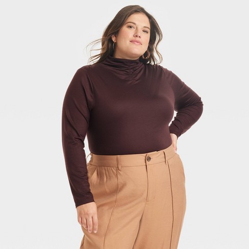 Women's Ruched Mock Turtleneck Long Sleeve T-shirt - A New Day™ Brown Xxl :  Target