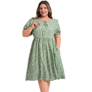 GRACE & GRANDEUR Women's Plus Size Ditsy Floral Print Tie Neck Puff Sleeve A-Line Dress with Elastic Waist - 1 of 4