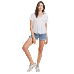 Slickblue Women's V-Neck Rolled-Up Sleeve Waffle Top, Raw Hem, Perfect for Casual Outings, Marshmallow, S - 1 of 4