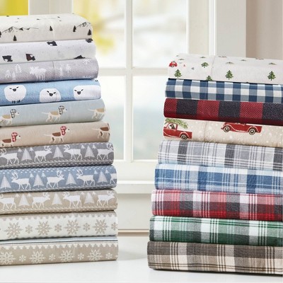 Queen Blue Plaid Cotton Flannel Sheet Set