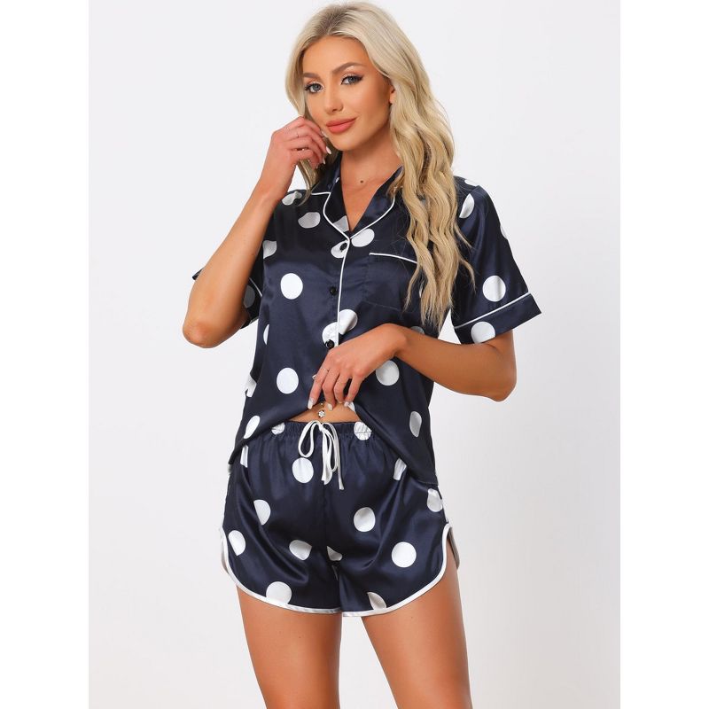 cheibear Women's Silky Satin Nightwear with Shorts Lounge Polka Dots Pajama Set, 2 of 5