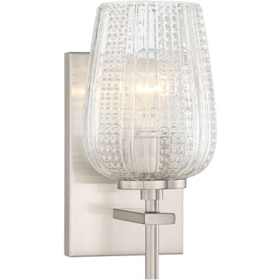 Possini Euro Design Wall Light Sconce Satin Nickel Hardwired 10" High Fixture Clear Ribbon Textured Glass Bedroom Bathroom Hallway