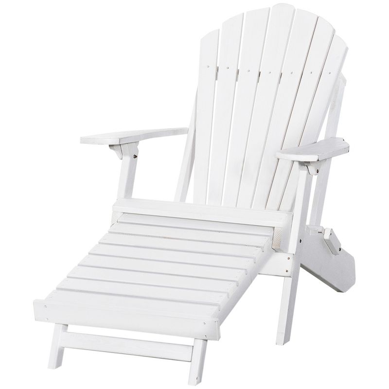 Outsunny Folding Adirondack Chair with Pull Out Ottoman, Outdoor Fir Wood Fire Pit Chair with Footrest, Porch Fanback Lounge for Patio, Garden, White, 4 of 7