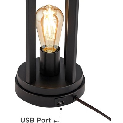 Marcel Black Metal Table Lamps with Natural Linen Shades and USB Ports