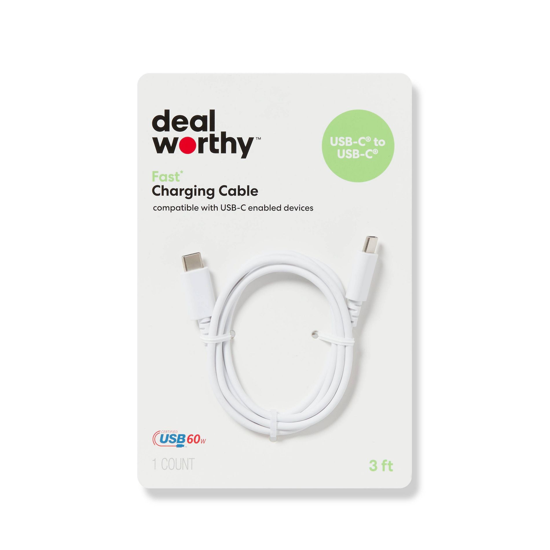 3' USB-C to USB-C Charging Cable - dealworthy™ White: Male-To-Male Connection