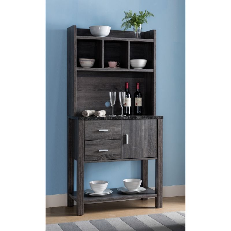 FC Design Two-Toned Baker's Rack Kitchen Utility Storage Cabinet with Drawers, Cabinet, and Black Faux Marble Top in Distressed Grey Finish, 2 of 5