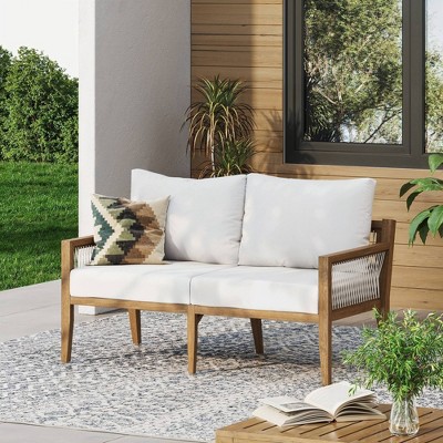 Freya Light Brown Acacia Wood Patio Loveseat with White Cushions